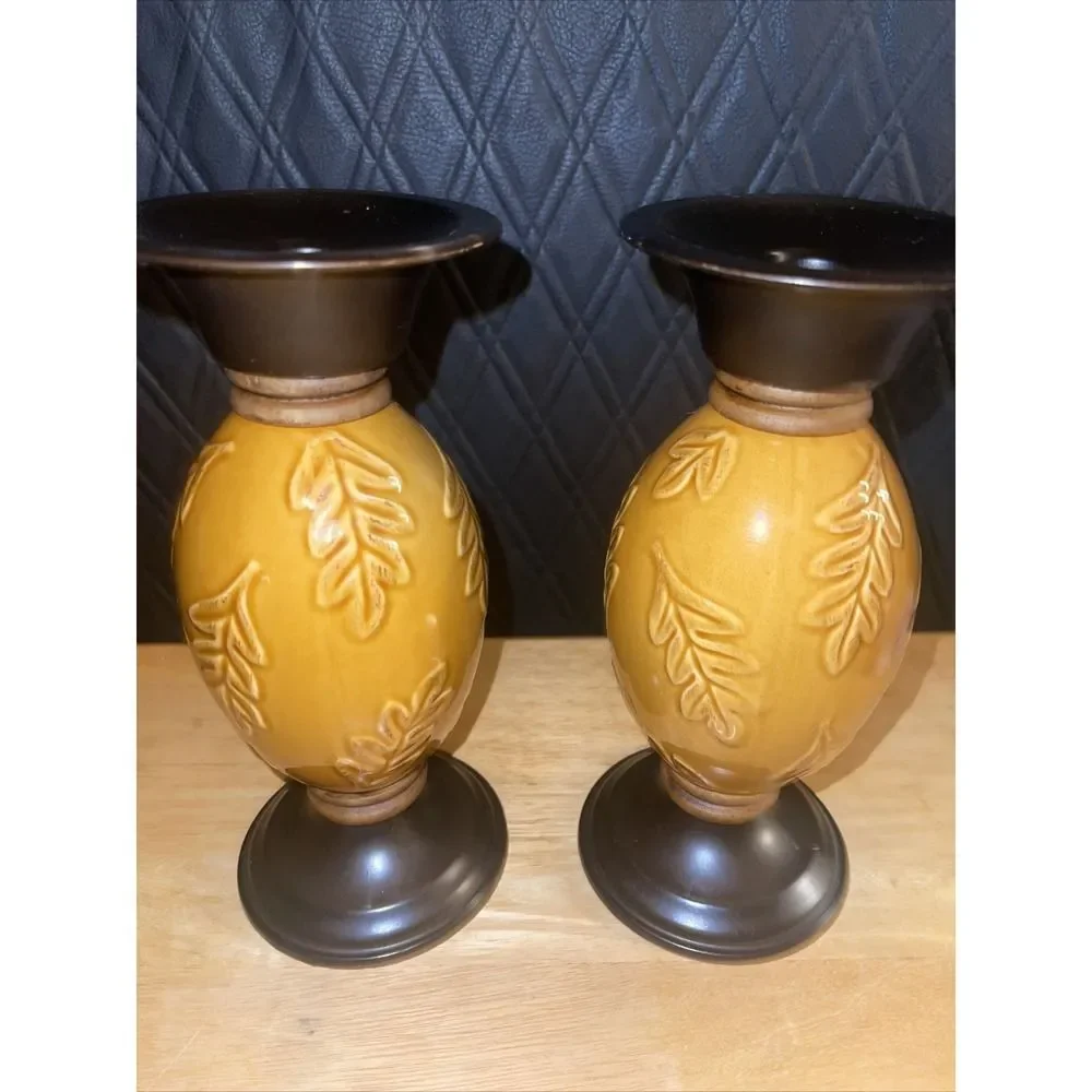 Retired Target Pair of Amber Leaf Embossed Ceramic Candle Holders Pillar Taper